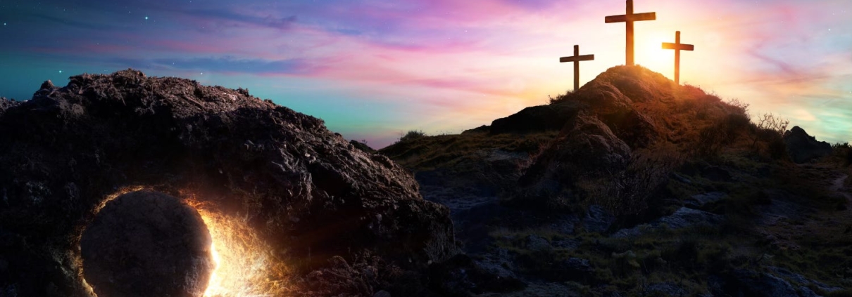 Crosses on Calvary with a light behind the stone in front of the tomb