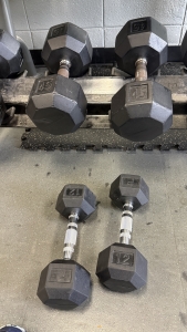 A 12 lb barbell and a 45 lb barbell