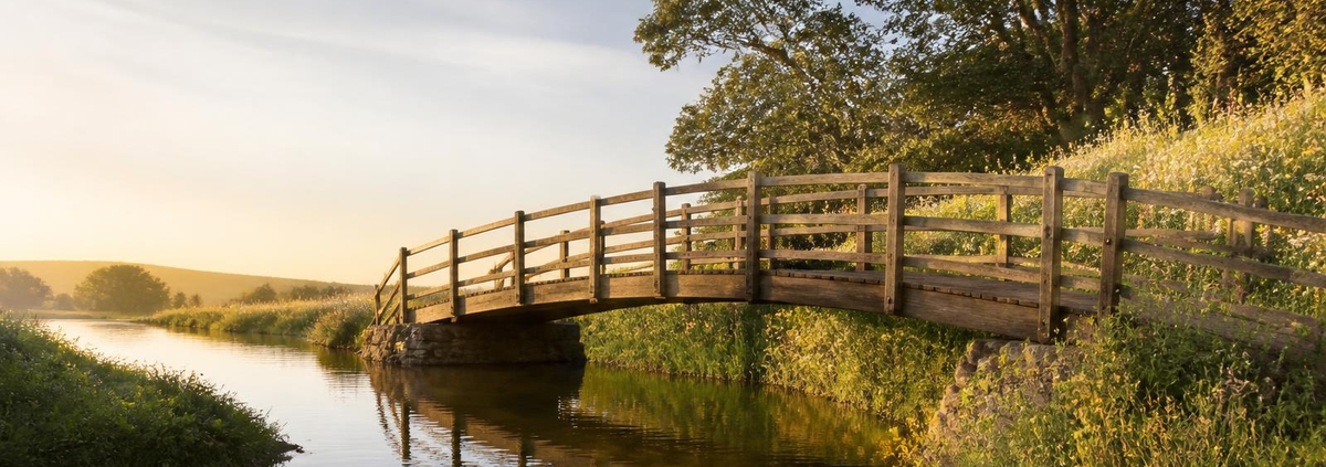 Wooden footbridge over a calm stream at golden hour