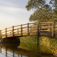 Wooden footbridge over a calm stream at golden hour